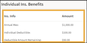 Individual Ins. Benefits section with yellow highlight box around the Ins. Info and Amount columns.